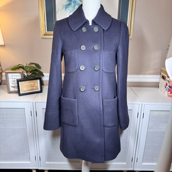 J Crew Womens Navy Blue Wool & Cashmere Blend Double-Breasted Peacoat Sz 4 Flaw - Picture 1 of 5